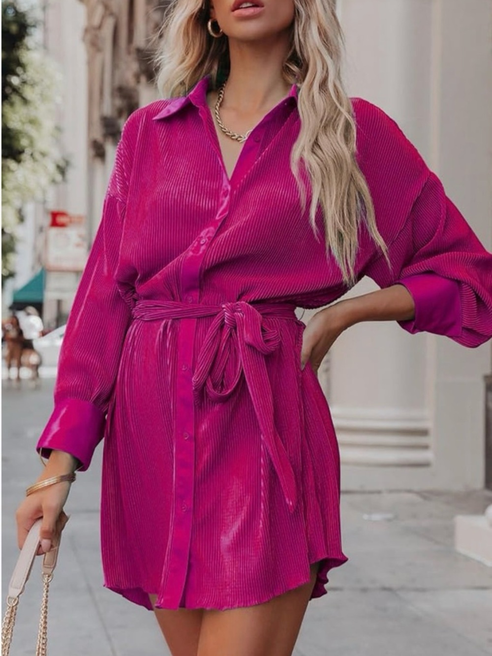 Barbiecore Hot Pink Pleated Tie Waist Shirt Dress Y2K Coquette Dopamine Mini OS